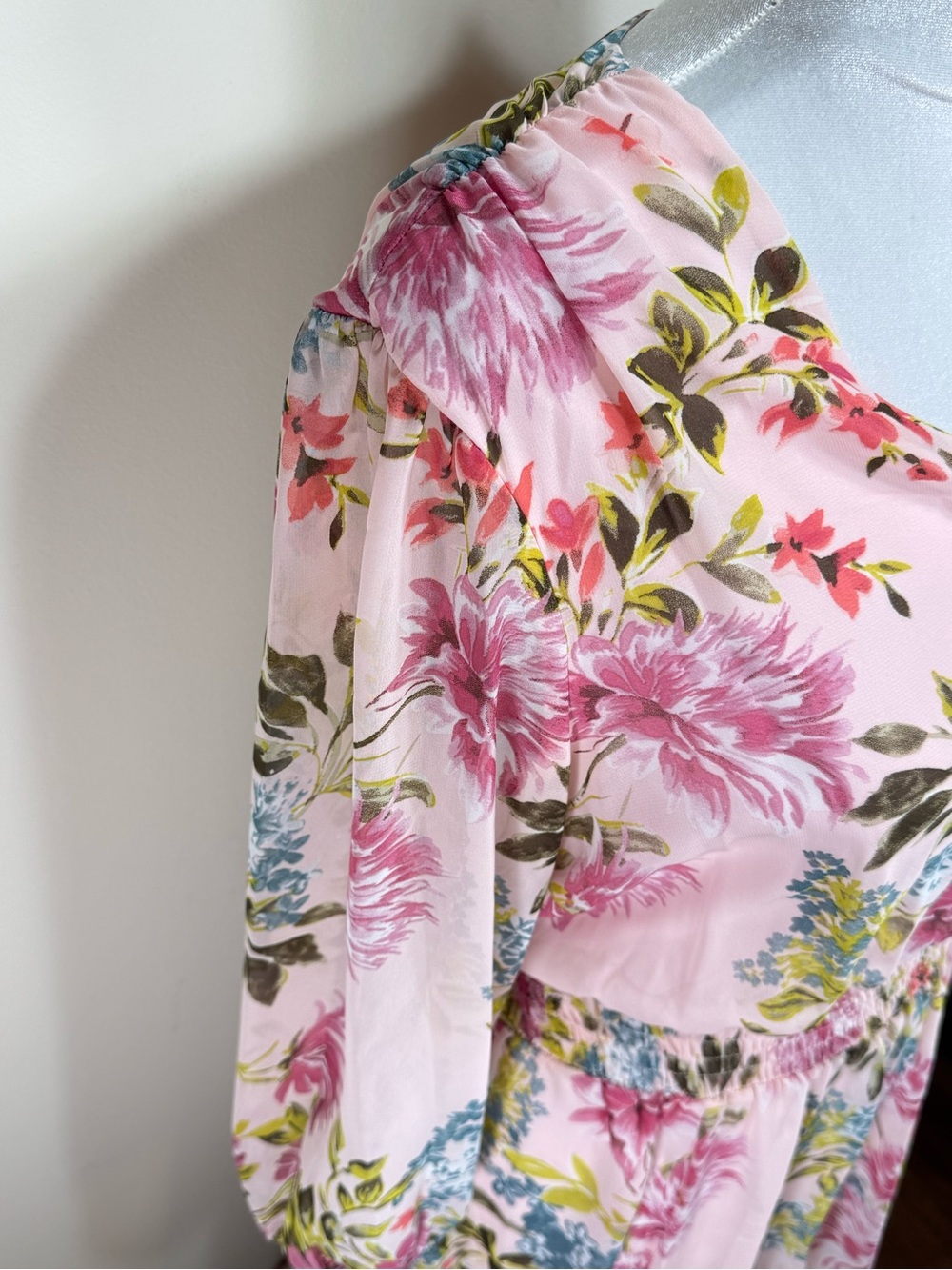 Kate & Lily Pink Floral Watercolor Chiffon Overlay Dress Sheer Sleeves Size 12 - Picture 7 of 11